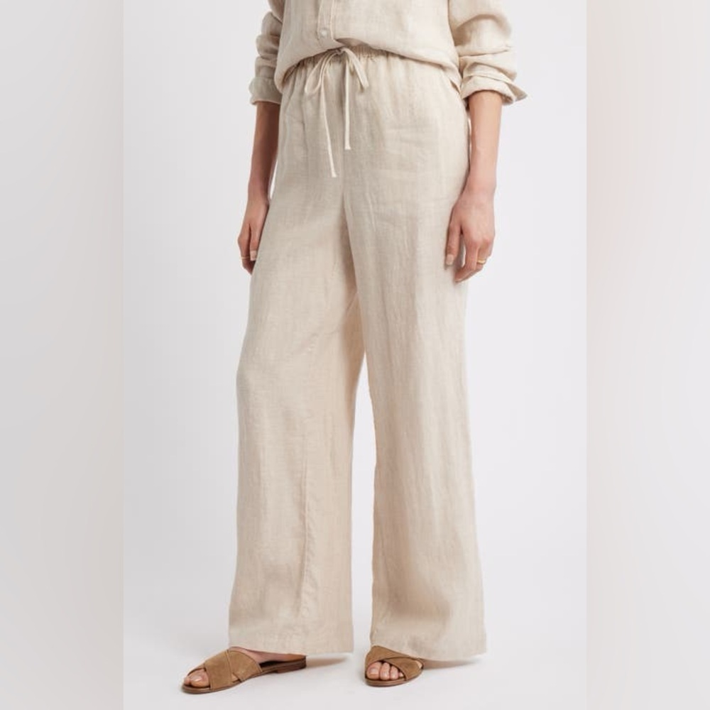 NWT Charter Club Luxury Metallic Linen Drawstring Pants Flax/Beige, size L